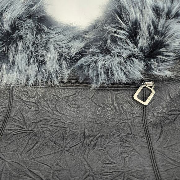 Galaday Removeable‎ Fur Detail Crinkle Leather Handbag Shoulder Purse Tote Black - Picture 8 of 16